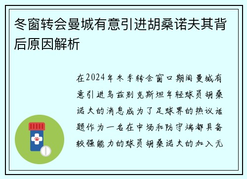 冬窗转会曼城有意引进胡桑诺夫其背后原因解析